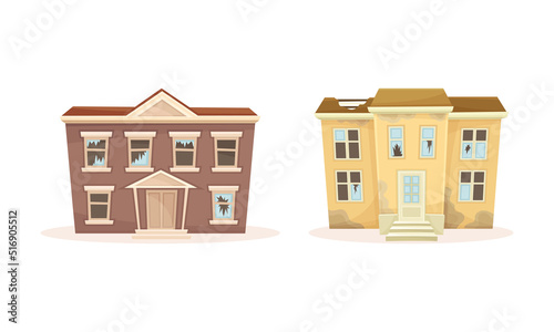 Old abandoned mansions set. Ruined damaged houses cartoon vector illustration