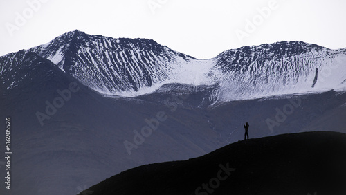 Snowy Mountain Top Hiker Silhouette 