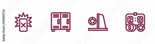 Set line Red card football, Football goal with, Locker or changing room and betting money icon. Vector