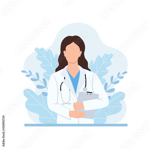 A woman doctor with a tablet and a stethoscope, an image on a blue background. A doctor in a medical uniform. Nature background. Cartoon style. Family doctor. Medical worker, paramedic.