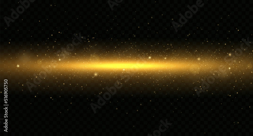 Yellow horizontal lens flares pack. Laser beams, horizontal light rays. Beautiful light flares. Glowing streaks on dark background. 