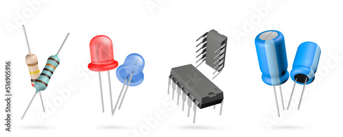 3d electronic components illustration on isolated white background. Resistor, led, integrated circuit and capacitor.