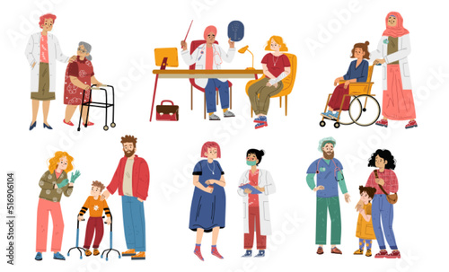 Doctors and patients in hospital. Concept of medical care for old and adult people, kids and pregnant. Vector illustration of diverse persons in clinic. Physician, surgeon, pediatrician consultation
