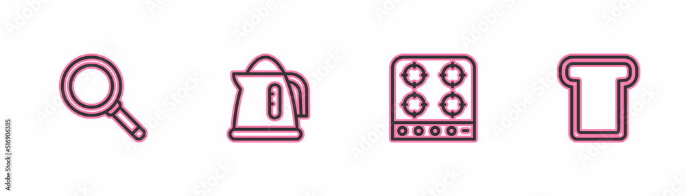 Set line Frying pan, Gas stove, Electric kettle and Bread toast icon. Vector Set line Frying pan, Gas stove, Electric kettle and Bread toast icon. Vector