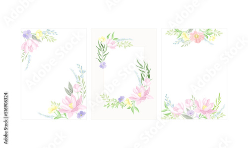Elegant frame decorated with delicate pastel flowers set. Greeting card, wedding invitation template vector illustration