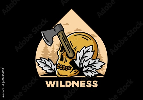 an ax stuck in the skull illustration design