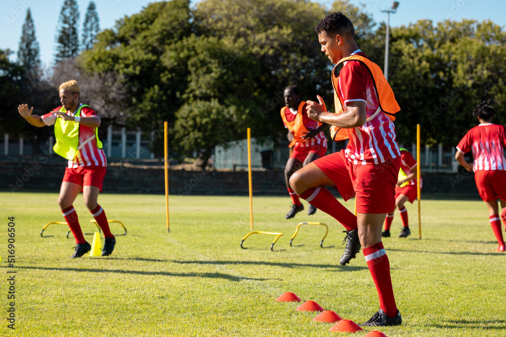 Obraz premium Male multiracial players wearing red jersey running and jumping on grassy playground in summer
