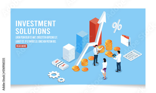 3d Isometric template of Commerce solutions for investments, Analysis of sales, grow data. Easy to edit and customize. Vector illustration eps10
