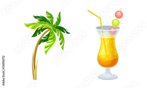 Tropical cocktails and palm tree set. Hawaiian, summer vacation symbols cartoon vector illustration