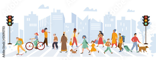 Diverse people walk on pedestrian crosswalk. Vector flat illustration of city street with traffic lights, zebra and characters with dogs, children, suitcase, persons on bicycle and skateboard