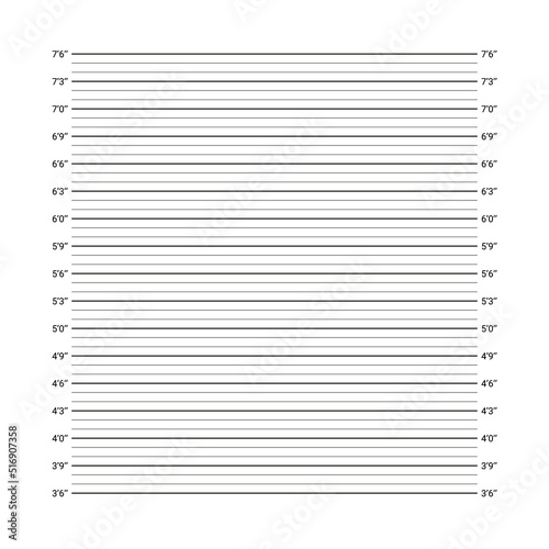 Mugshot board. Police mug shot background. Criminal wanted picture with lines in inches. Measuring concept. Wall measurements template. Lineup backdrop. Vector illustration. Identification frame