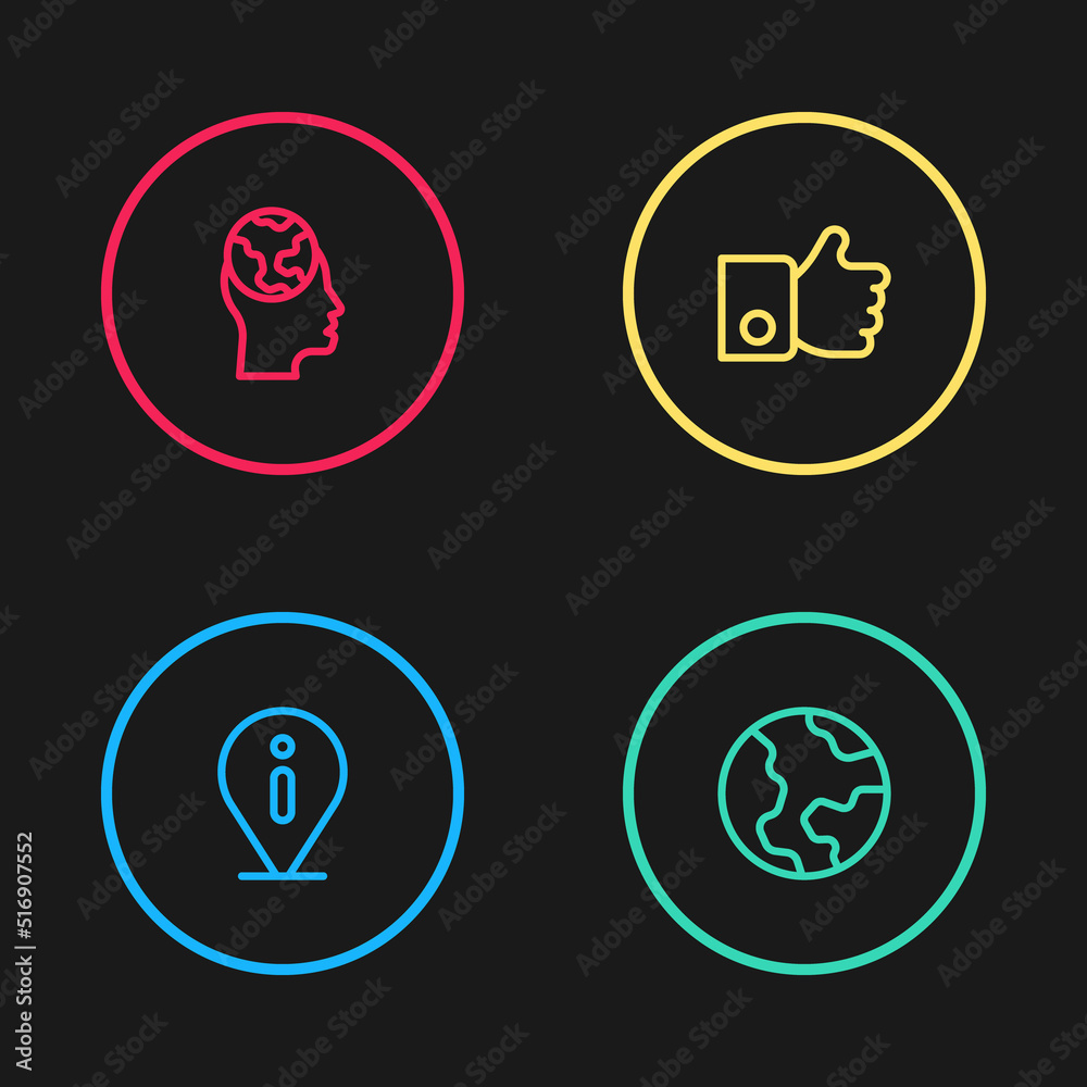 Set line Information, Earth globe, Hand like and Learning foreign languages icon. Vector Set line Information, Earth globe, Hand like and Learning foreign languages icon. Vector
