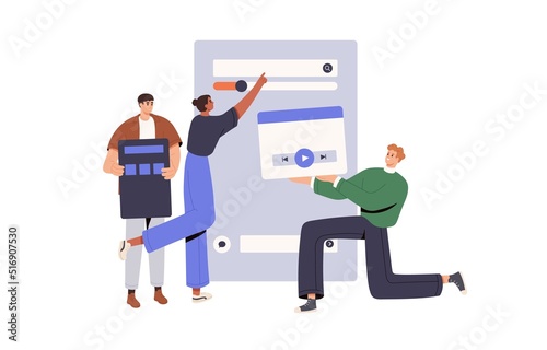 UX UI designers team at work. Web design, digital marketing concept. People creating, uploading video content for mobile app interface. Flat graphic vector illustration isolated on white background