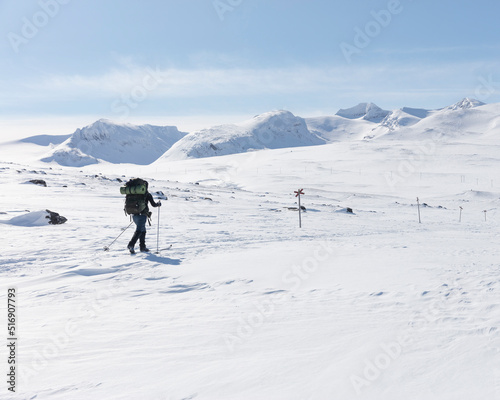 Young woman with hiking poles in snowy field photo