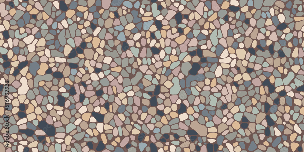 Seamless pebble mosaic organic floor texture. Vector background. Tile decoration patten for path, wall and paving. Design of kitchen, bathroom, outdoor
