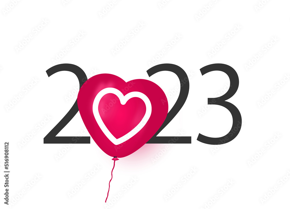 Happy new year 2023. 2023 with Heart balloon. Love theme
