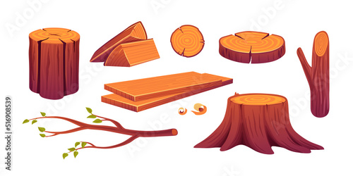 Set of woods, wooden logs, round slices and stump, tree branch with leaves, cut trunk isolated design elements. Circular log pieces, manufactured planks, cartoon vector illustration