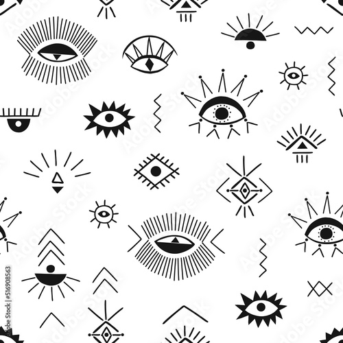 Evil eye African inspired mud cloth motif vector seamless pattern. Ethnic Tribal vibes background. Boho traditional folk art surface design for home decor.