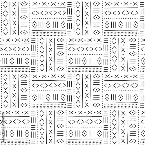 African mud cloth inspired geometric tribal vibes motif vector seamless pattern. Ethnic ornamental background. Boho traditional folk art surface design for home decor.
