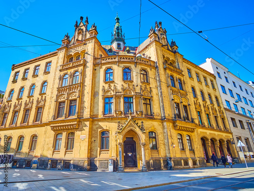 The scenic corner building in gothic style on Jakubska street in Brno, Czech Republic