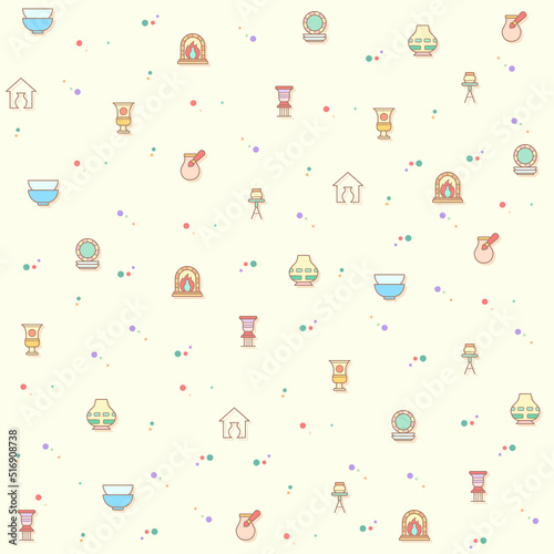 Vector pattern on the theme of Pottery, Bowl, Plate, fireplace, ceramics, vase, clay, mug and more. simple color icons on beige background.