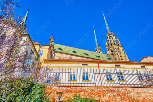 The view on spires of Cathedral and the buildings of its complex on foreground, Brno, Czech Republic