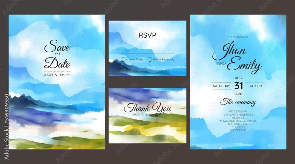 wedding invitation suite with wild nature landscape watercolor