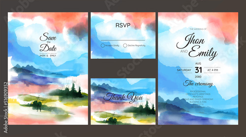 wedding invitation suite with wild nature landscape watercolor