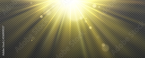 Sun light effect with yellow rays and lens glare isolated on transparent background. Vector realistic illustration of abstract flare or sunlight shine with blurred beams