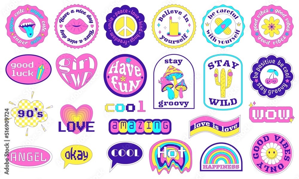 Cool Y2K Stickers Pack in geometric shapes. Text motivational,  inspirational phrases and words. Trendy Cute Girly Patches collection acid  weird surreal elements. Vector illustration isolated on white vector de  Stock | Adobe