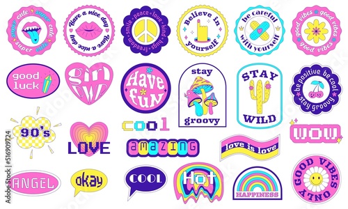 Cool Y2K Stickers Pack in geometric shapes. Text motivational, inspirational phrases and words. Trendy Cute Girly Patches collection acid weird surreal elements. Vector illustration isolated on white © Валерия Соловьева