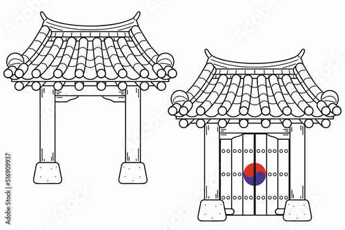 The gate of a traditional Korean house, hanok. Vector line art illustrations set. photo