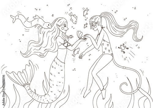 Children's coloring book. Coloring book for girls. Mermaid coloring book. Black and white linear drawing of a little mermaid and an elf.