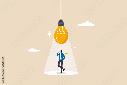 Innovation, creativity or imagination for business success, thinking about idea, solution to solve problem or brainstorm concept, smart businessman thinking under inspired bright light bulb. photo