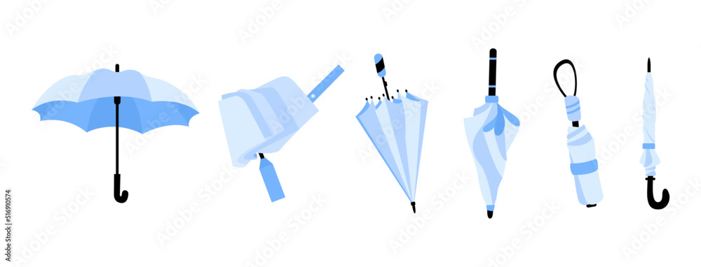 Set of different Umbrellas in various positions. Open and folded umbrellas. Blue colors. Hand drawn colored Vector illustration. Cartoon style. Design templates. Isolated on background Set of different Umbrellas in various positions. Open and folded umbrellas. Blue colors. Hand drawn colored Vector illustration. Cartoon style. Design templates. Isolated on background