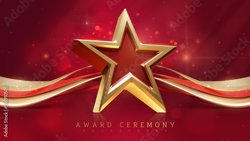 Award ceremony background with 3d star and gold ribbon decoration with light effect elements.