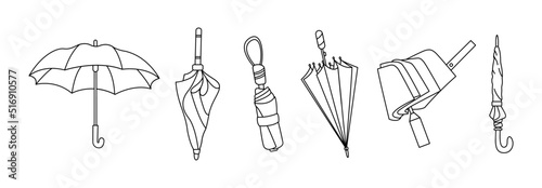 Set of different Umbrellas in various positions. Open and folded umbrellas. Line art. Hand drawn colored Vector illustration. Cartoon style. Design templates. Isolated on background