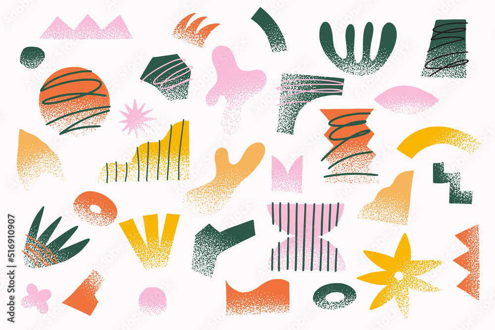 Big set of abstract graphic shapes. Multicolored shapes and objects on a light background. Elements of minimalism in the style of modern art. Vector illustration for your design in flat style.