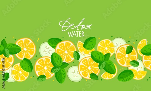 Seamless Citrus fruit with cucumber and mint leaves pattern. Fruit and vegetables and leaf border on green. Flat vector illustration For menu, pack, print design, poster, web banner. Detox water label
