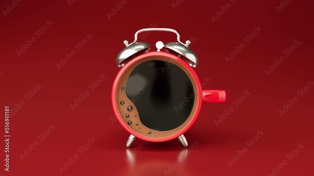 Alarm clock coffee. Red cup with strong black espresso for good morning. 4k Alarm clock coffee. Red cup with strong black espresso for good morning. 4k