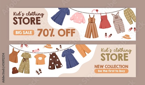 Promo sale banners templates for kids clothes shops, retail stores, markets. Discount, price off advertisements, ad backgrounds with childish apparel, summer wearing. Flat vector illustrations