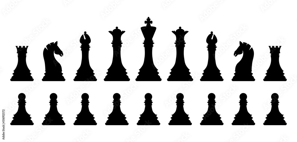 Black silhouette chess pieces set isolated on white background. Chess ...