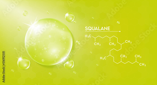 Drop water squalane light green and structure. Vitamins complex solution with chemical formula from nature saturated compound. Used in cosmetics as emollient and moisturizer. 3D Vector.