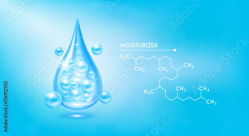 Drop water moisturizer blue and structure squalane molecule. Vitamin solution with chemical formula saturated compound. Beauty treatment nutrition skin care medical. 3D Realistic Vector.