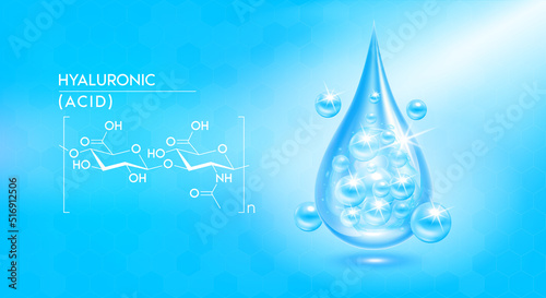 Drop water hyaluronic acid blue and structure. Vitamin complex solution with chemical formula. Beauty treatment nutrition skin care. Medical and scientific concepts. 3D Realistic Vector.