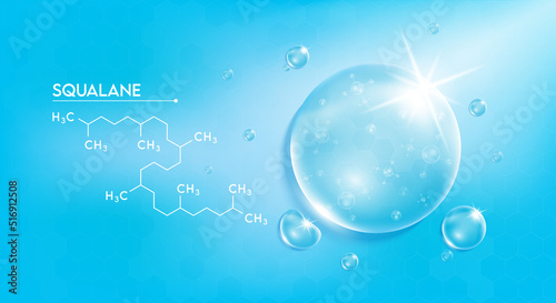 Drop water squalane blue and structure. Vitamins complex solution with chemical formula from nature saturated compound. Used in cosmetics as emollient and moisturizer. 3D Vector.