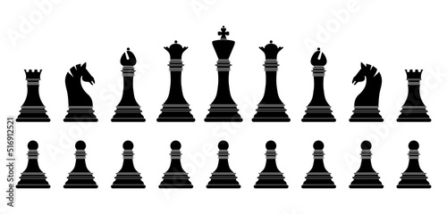 Black silhouette chess pieces set isolated on white background. Chess icons. King, queen, rook, knight, bishop, pawn. Vector illustration for design.