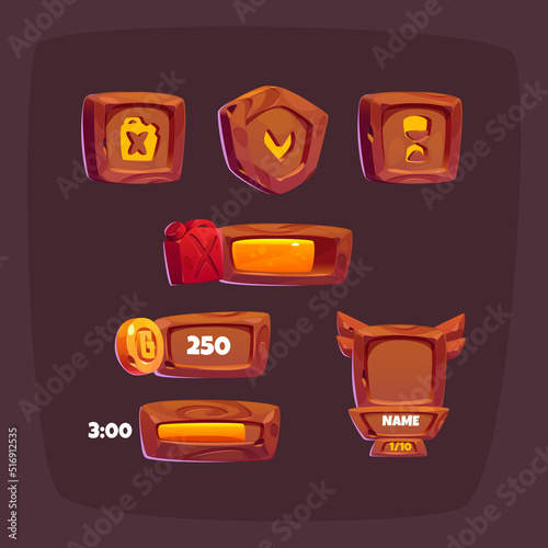 Wooden game buttons, cartoon menu interface, avatar frame, score, level and processing bar wood textured boards, ui or gui graphic design elements, fuel, time, shield isolated 2d vector icons set