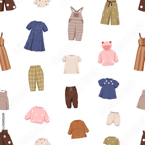 Kids clothes pattern. Childrens summer fashion apparel, wearing on seamless background. Endless printable texture, repeating print design with girls dresses, pants. Colored flat vector illustration
