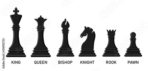 Cartoon black silhouette chess pieces set isolated on white background. Chess icons. King, queen, rook, knight, bishop, pawn. Vector illustration for design.